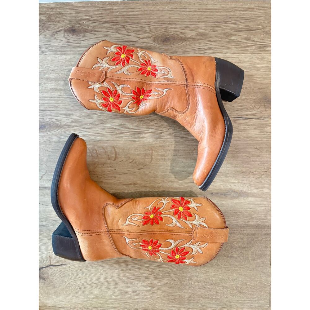 Vintage Western Leather Rose Flower Embroidered Brown Cowboy Boots Size 36